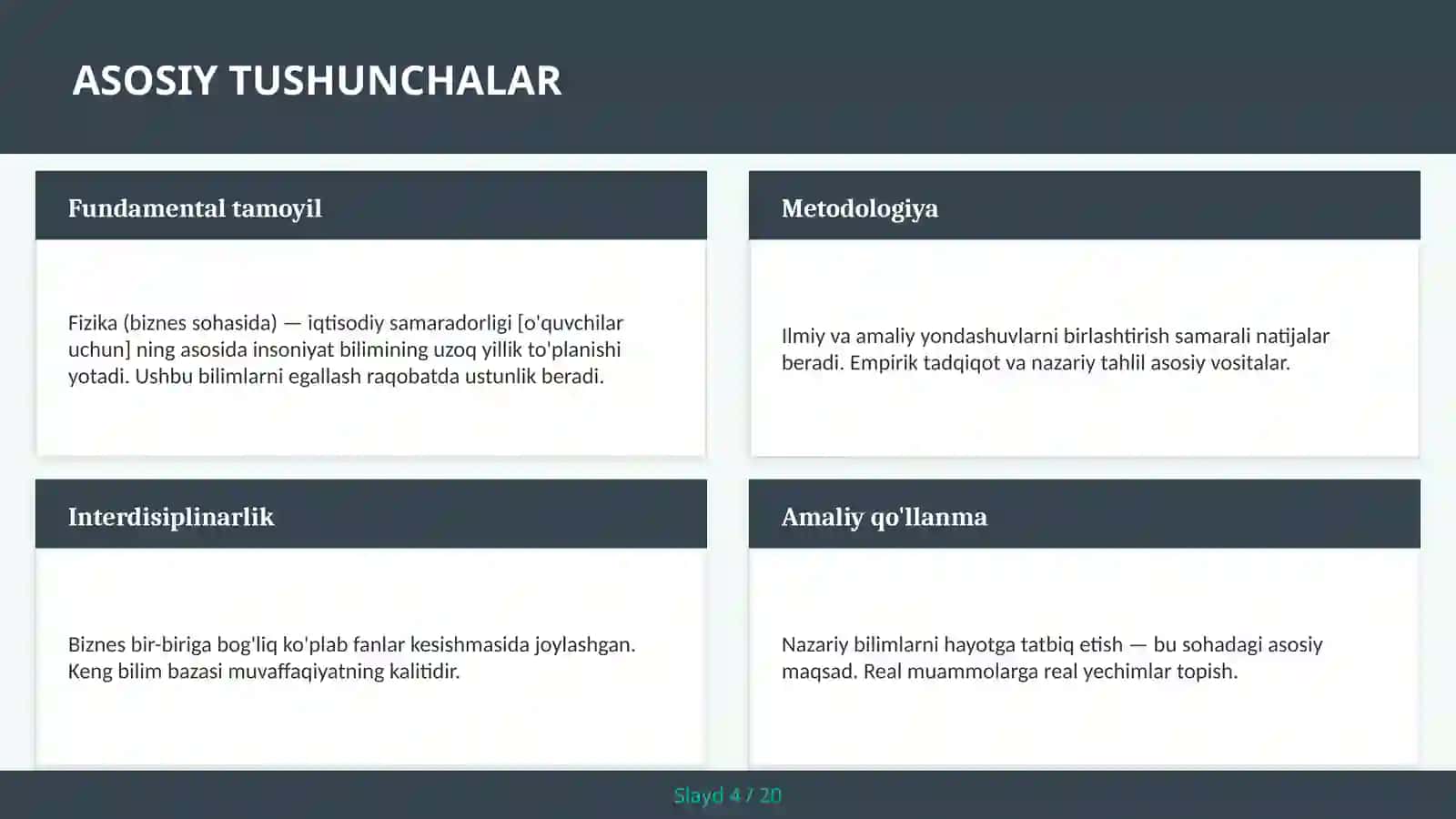 FIZIKA (BIZNES SOHASIDA) — IQTISODIY SAMARADORLIGI [O'QUVCHILAR UCHUN] 4