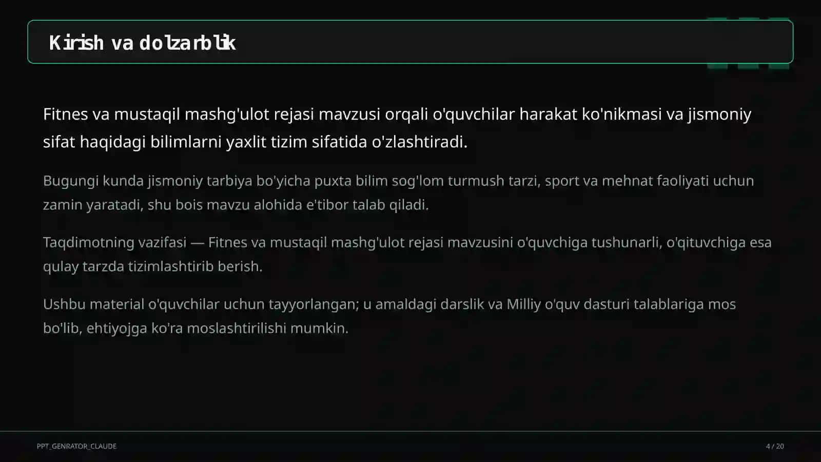 Fitnes va mustaqil mashg'ulot rejasi (11-sinf) 4