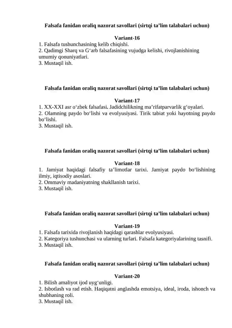 Oraliq nazorat savollari (sirtqi ta’lim talabalari uchun) 4