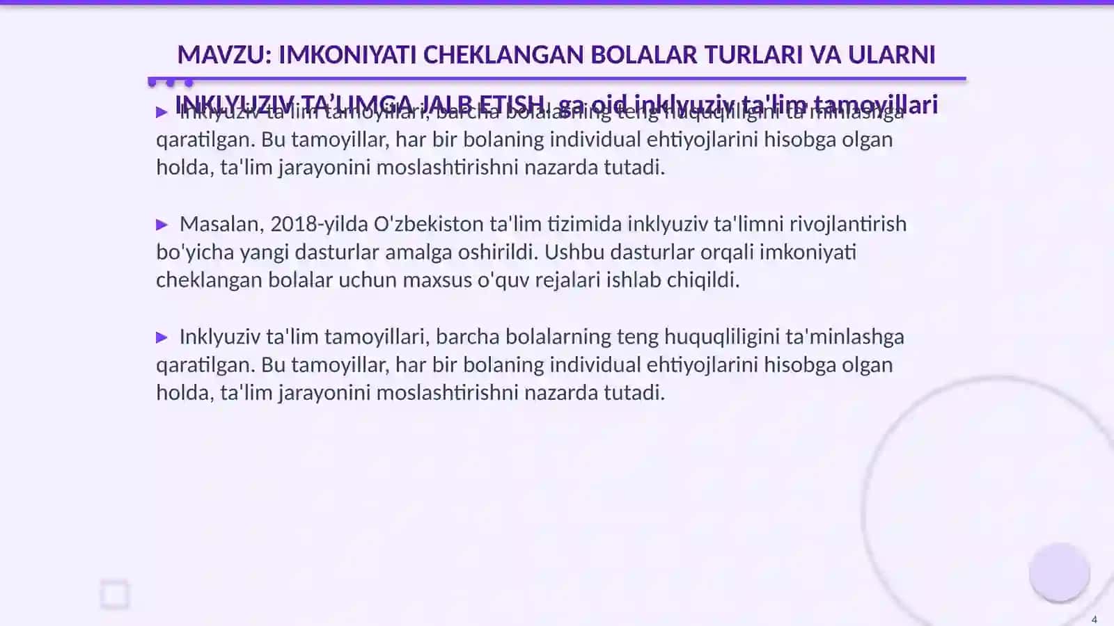 IMKONIYATI CHEKLANGAN BOLALAR TURLARI VA ULARNI INKLYUZIV TA’LIMGA JALB ETISH 4