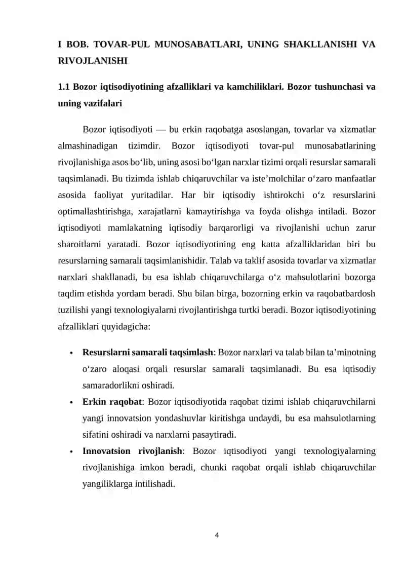 Tovar pul munosabatlari rivojlanishi bozor iqtisodiyoti shakllanishi va amal qilishining asosidir 4