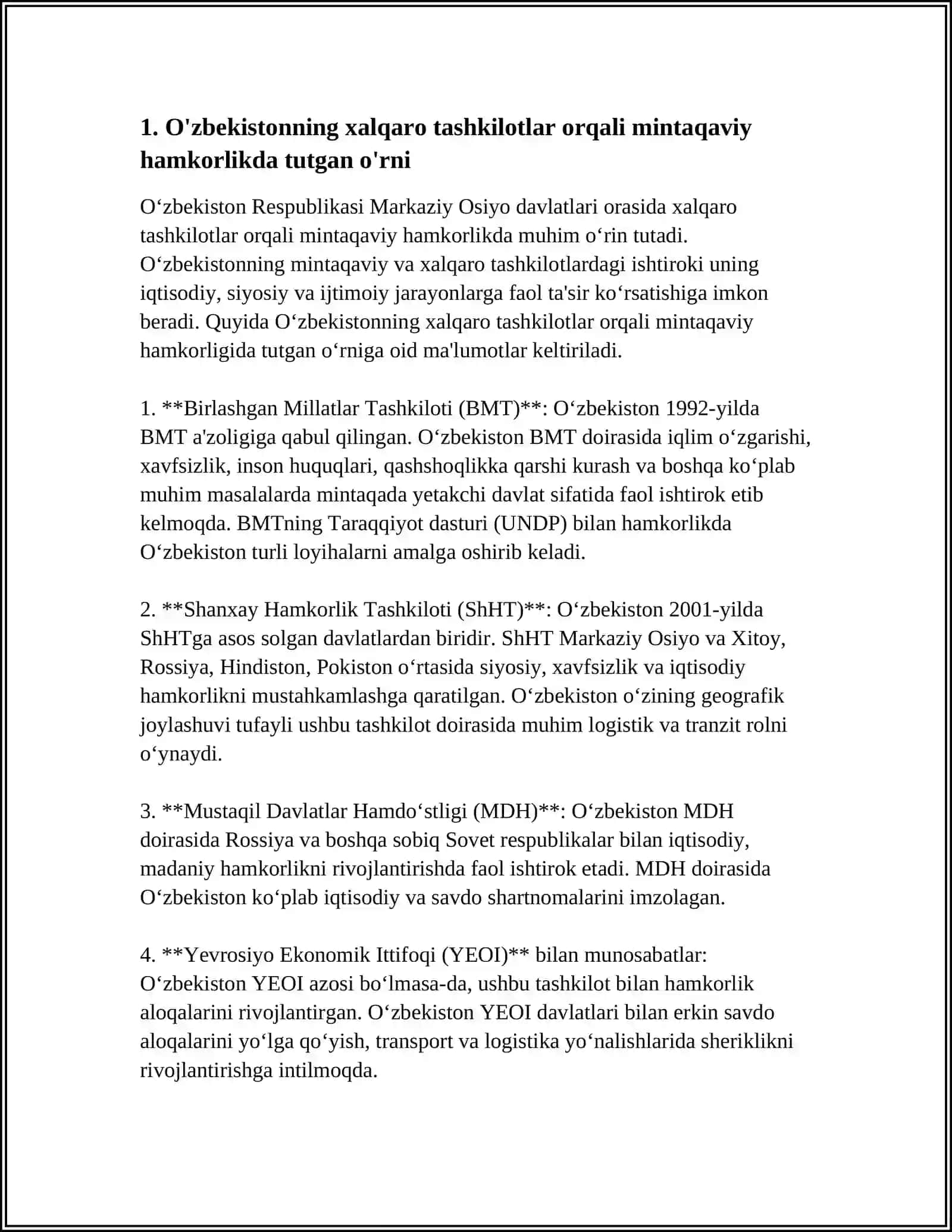 XALQARO TASHKILOTLAR ORQALI MARKAZIY OSIYO MAMLAKATLARI O'RTASIDA HAMKORLIKNI RIVOJLANTIRISHDA O'ZBEKITONNING HISSASI 4