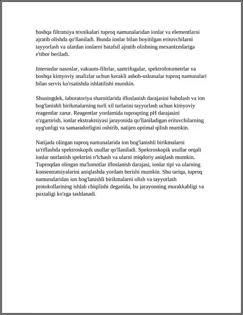 TUPROQ VA SUVNING IFLOSLANISHIDA ION BOG'LANISHLI BIRIKMALARNI ANIQLAB, ULARDAN TOZALASH USULLARNI ISHLAB CHIQISH 4