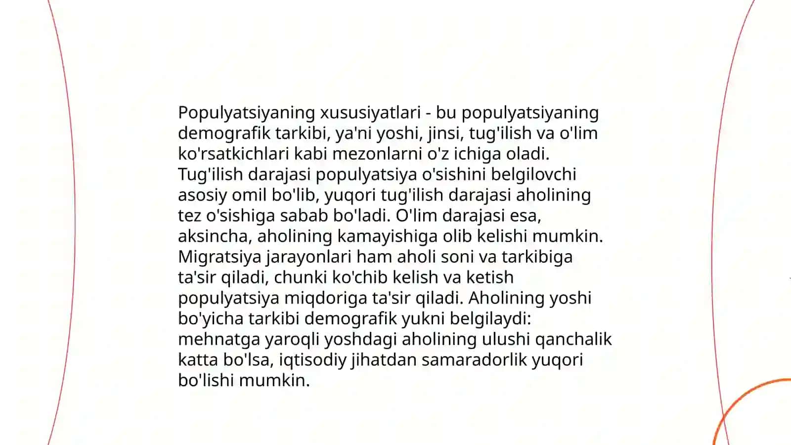 Populyatsiyaning asosiy belgilari va xususiyatlari; populyatsiya tarkibi va populyatsiyaning dinamik ko'rsatkichlarini baholash 4