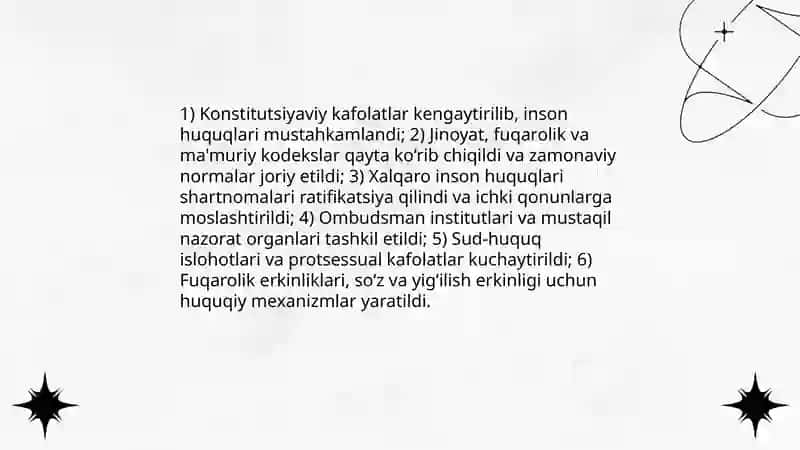 Yangi Oʻzbekistonda inson haq-huquqlari va erkinliklari kafolatining yaratilishi 4