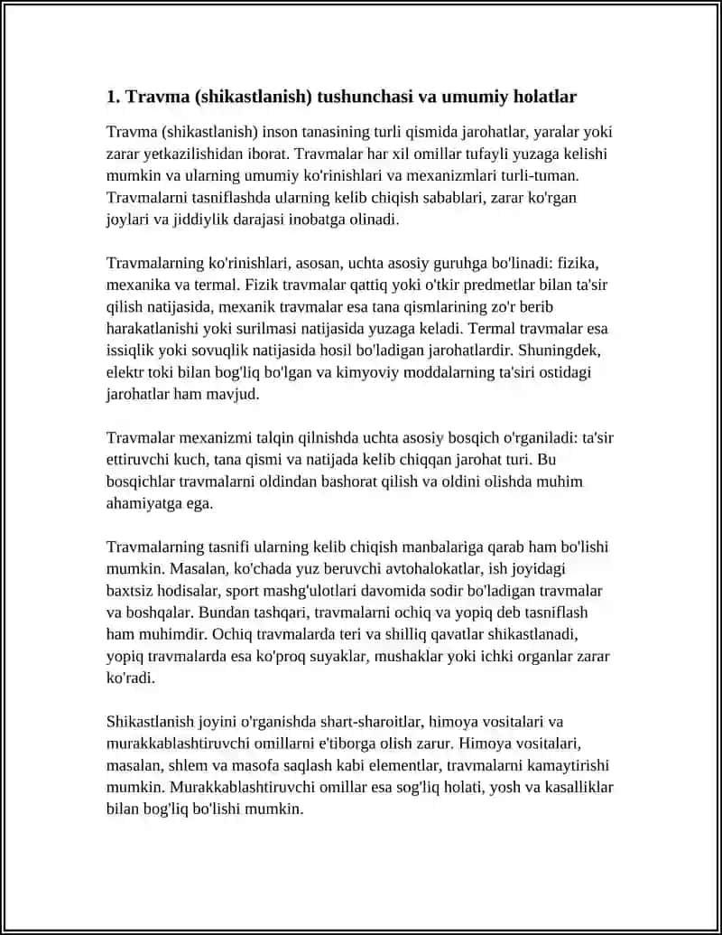 TRAVMALAR (SHIKASTLANISH). UMUMIY HOLATLAR. SHIKASTLANISHLARNI KO'RINISHLARI, MEXANIZMI, TASNIFI 4