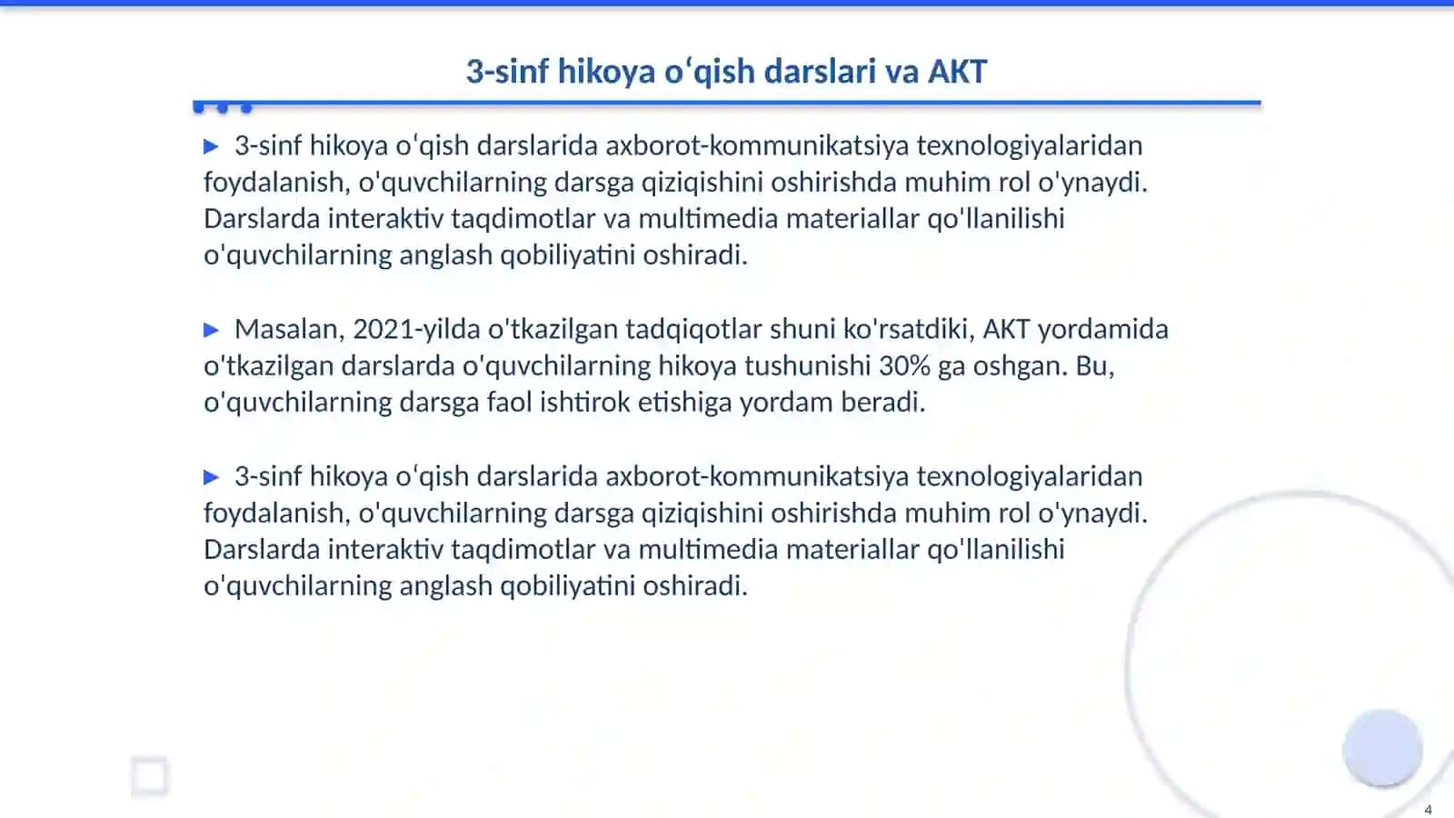 Hikoya oʻqitish darslarida axborot- kommunikatsiya texnologiyalardan foydalanish (3-sinf) 4