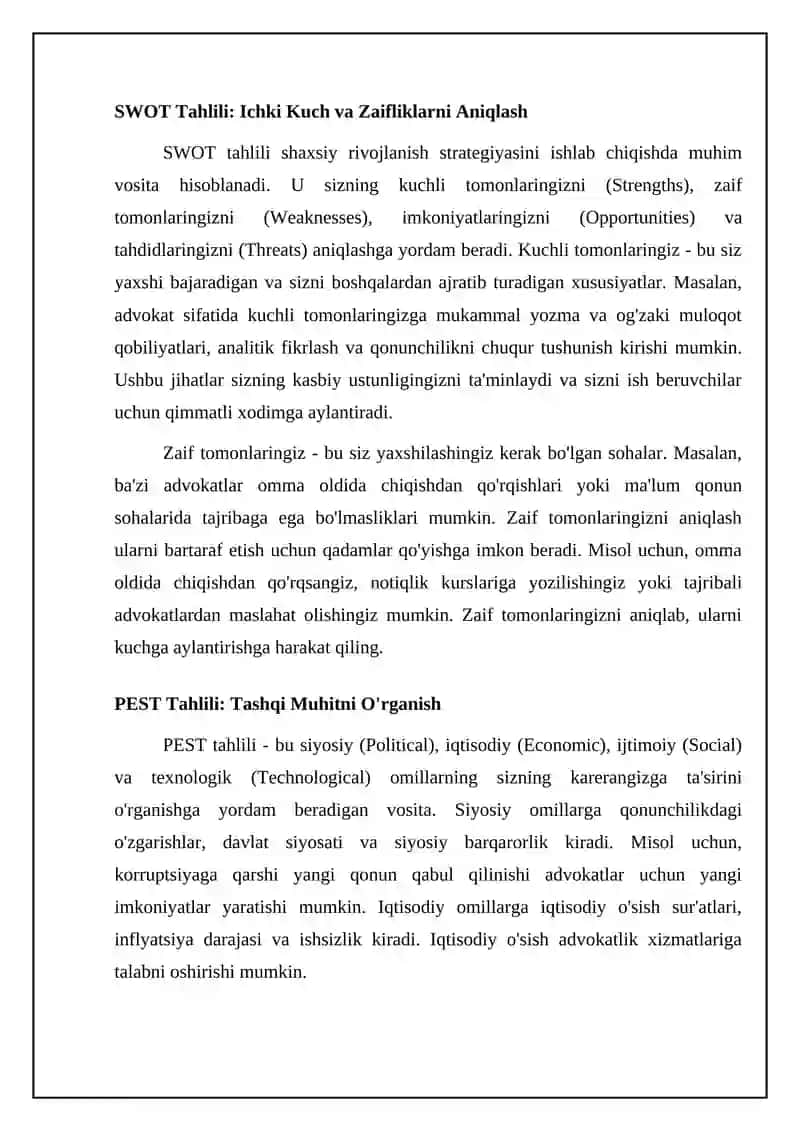 SWOT va PEST tahlillari. Yurist karyerasi bilan bogliq maqsadlarni aniqlashtirish 4