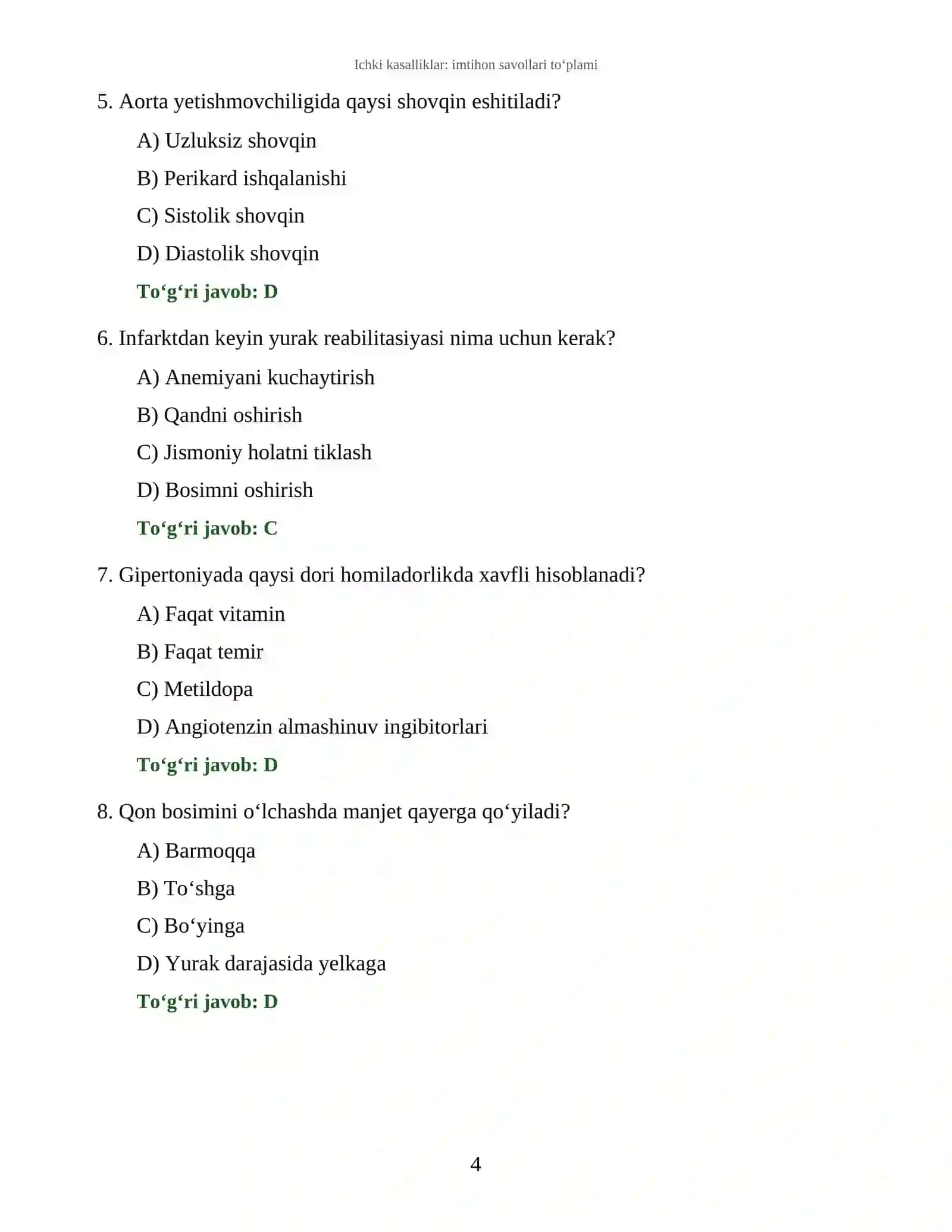 Ichki kasalliklar: imtihon savollari to‘plami 4