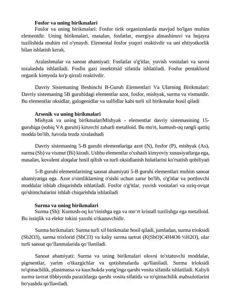 Davriy Sistemaning Beshinchi B-Guruh Elementlari Va Ularning Birikmalari. Sanoatdagi Ahamiyati. 4