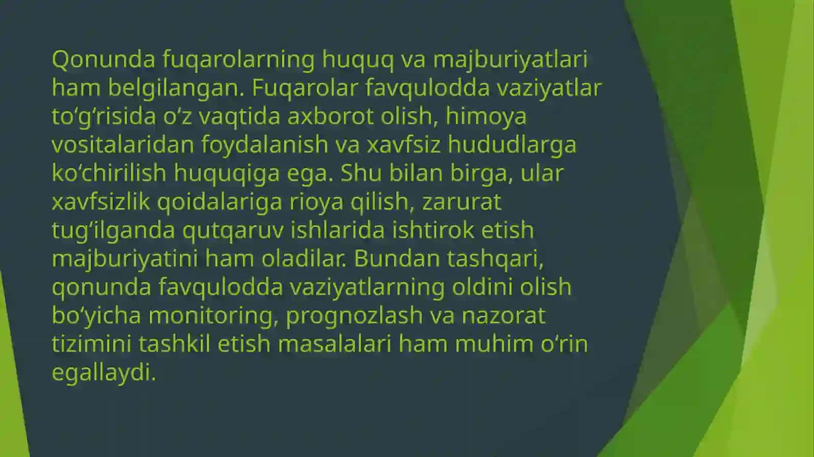 Aholini va hududlarni tabiiy hamda texnogen xususiyatli favqulodda vaziyatlardan muhofaza qilish to‘g‘risida 4