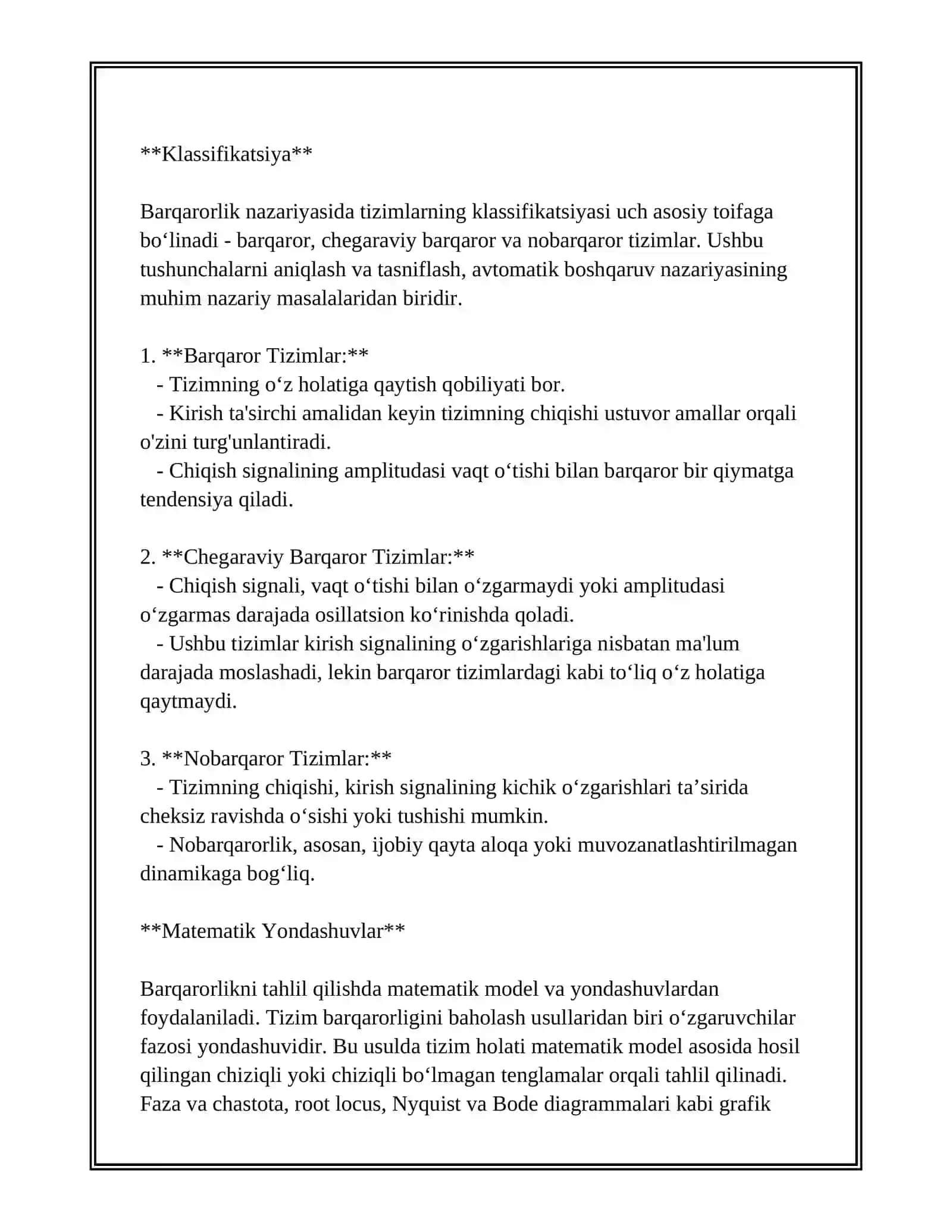 AVTOMATIK BOSHQARISH NAZARIYASIDA BARQAROR CHEGARAVIY BARQAROQ VA NOBARQAROQ TIZIMLARNING FARQI 4