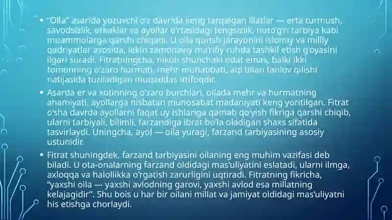 A.Fitratning  Oila asari dagi oila qurish tartiblari va farzand tarbiyasiga oid g'oyalar. 4