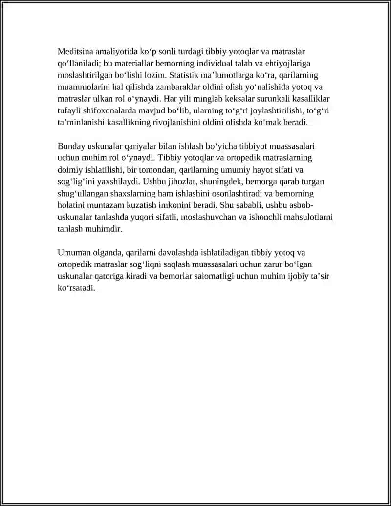 Qarilarni davolashda ishlatiladigan tibbiy yotoq va ortopedik matraslar 4