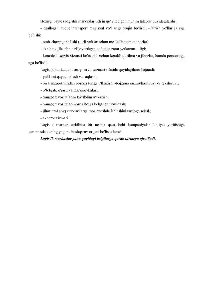 Logistika markazlari Transport va logistika tizimi. Transport kompleksi. Transport logistikasini rivojlantirish istiqbollari. 4