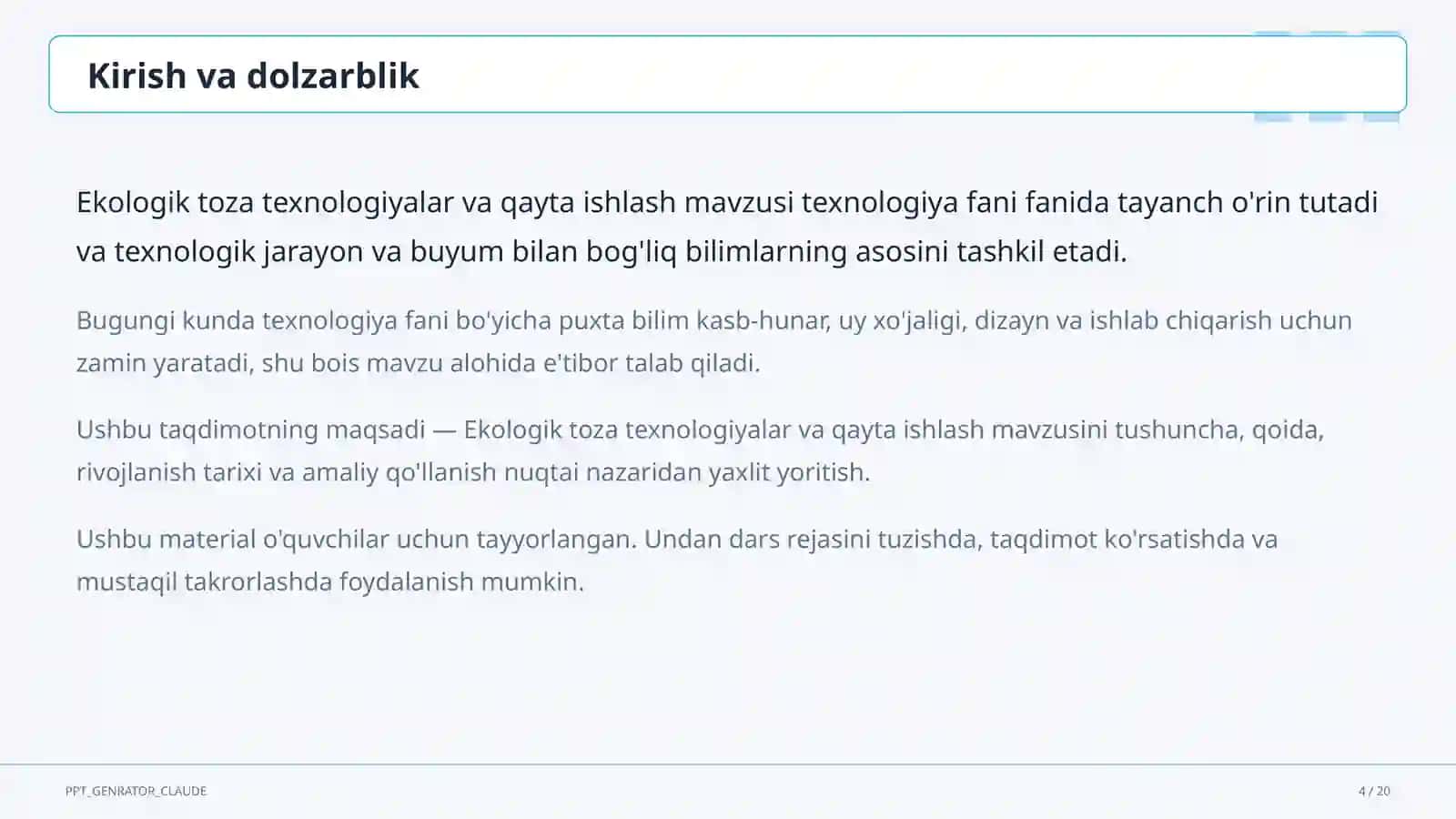 Ekologik toza texnologiyalar va qayta ishlash (11-sinf) 4