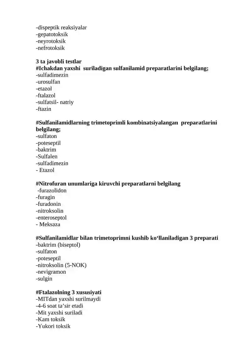 Sulfanilamid vositalari. Turli kimyoviy tuzilishga ega bo‘lgan sintetik antibakterial vositalar. Ushbu guruh vositalariga retsept yozishni o‘rgatish. 4