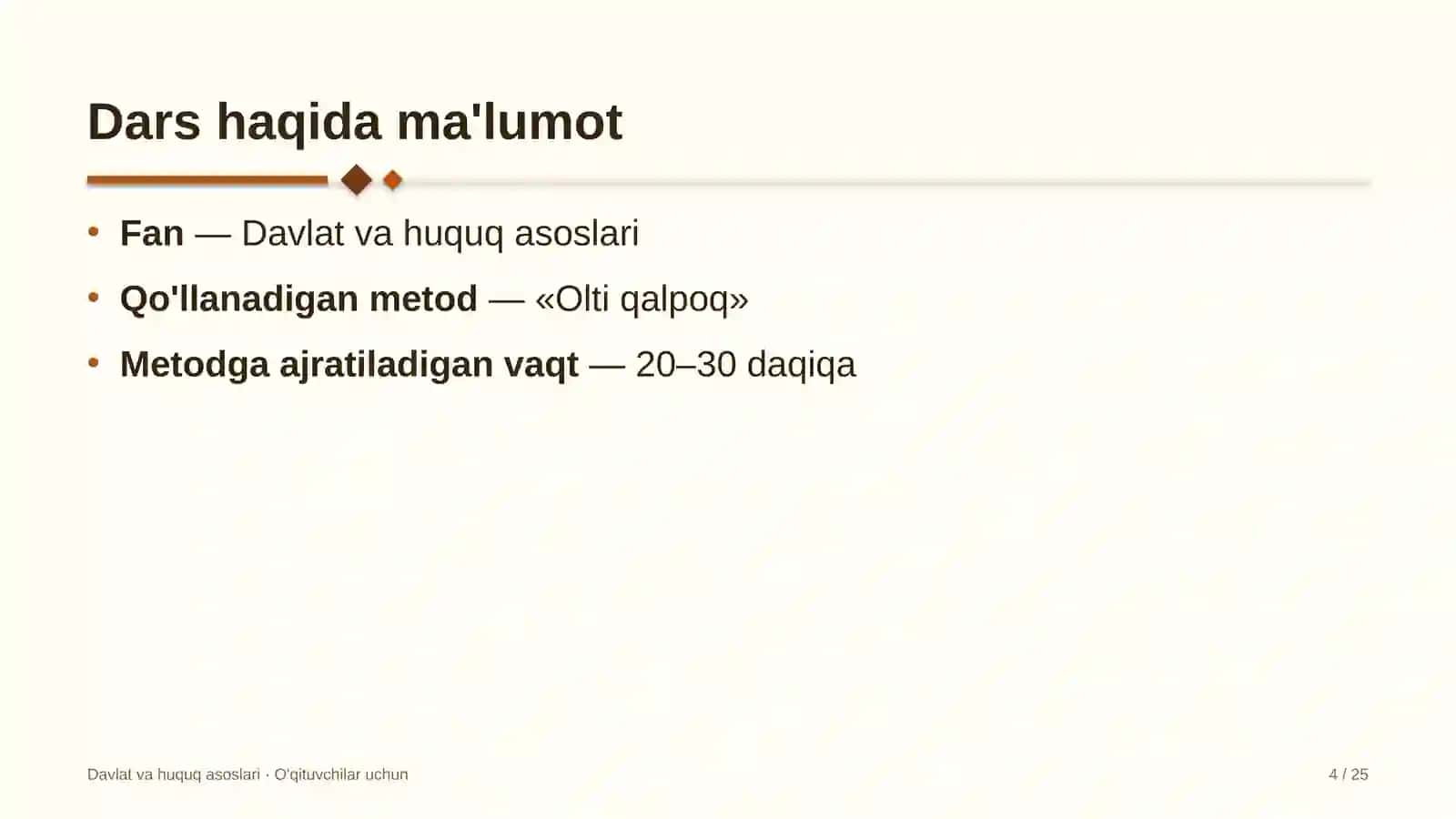 davlat va huquq asoslari darslarida olti qalpoq metodidan foydalanish 2718 4
