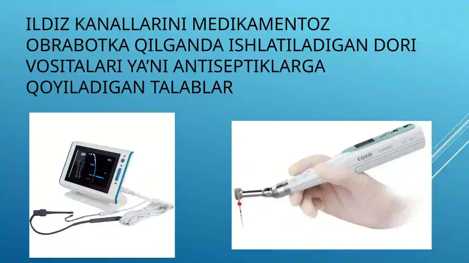 Periodontitda antiseptiklar ostida to'j vachirigan ildiz pulpa qoldigini bosqichma – bosqicholib tashlash 4