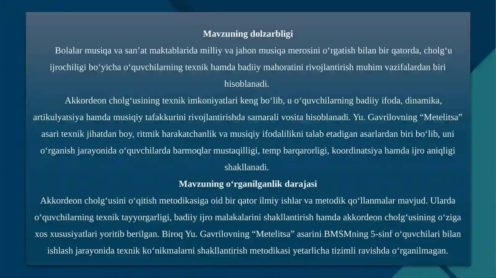 "5-sinf o‘quvchilariga Yu. Gavrilovning “Metelitsa” asari ustida ishlash jarayonida texnik koʼnikmalarni shakllantirish (akkordeon cholgʼusi misolida)” 4