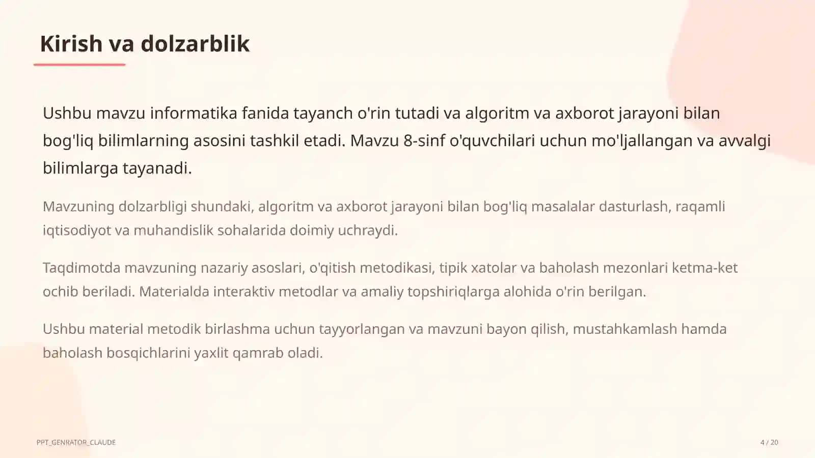 Algoritmlarning turlari: chiziqli, tarmoqlanuvchi, takrorlanuvchi (8-sinf) 4