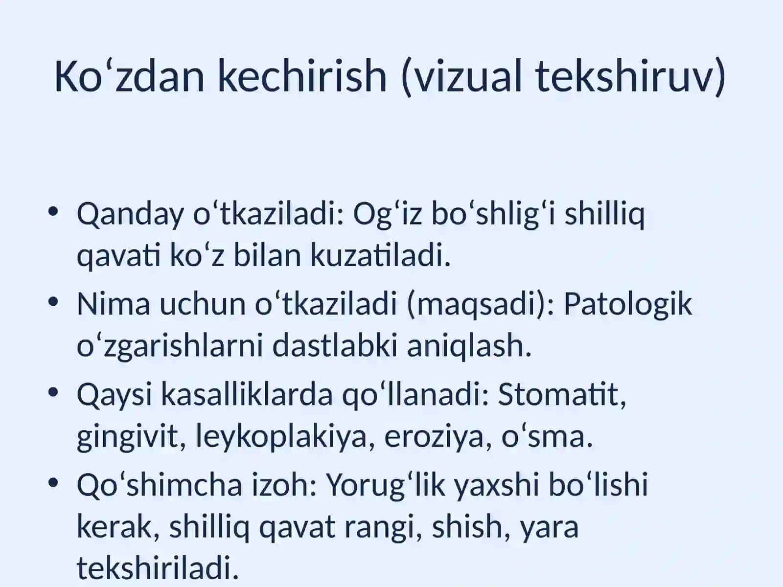 Og‘iz bo‘shlig‘i shilliq qavati kasalliklarini tekshirish usullari 4