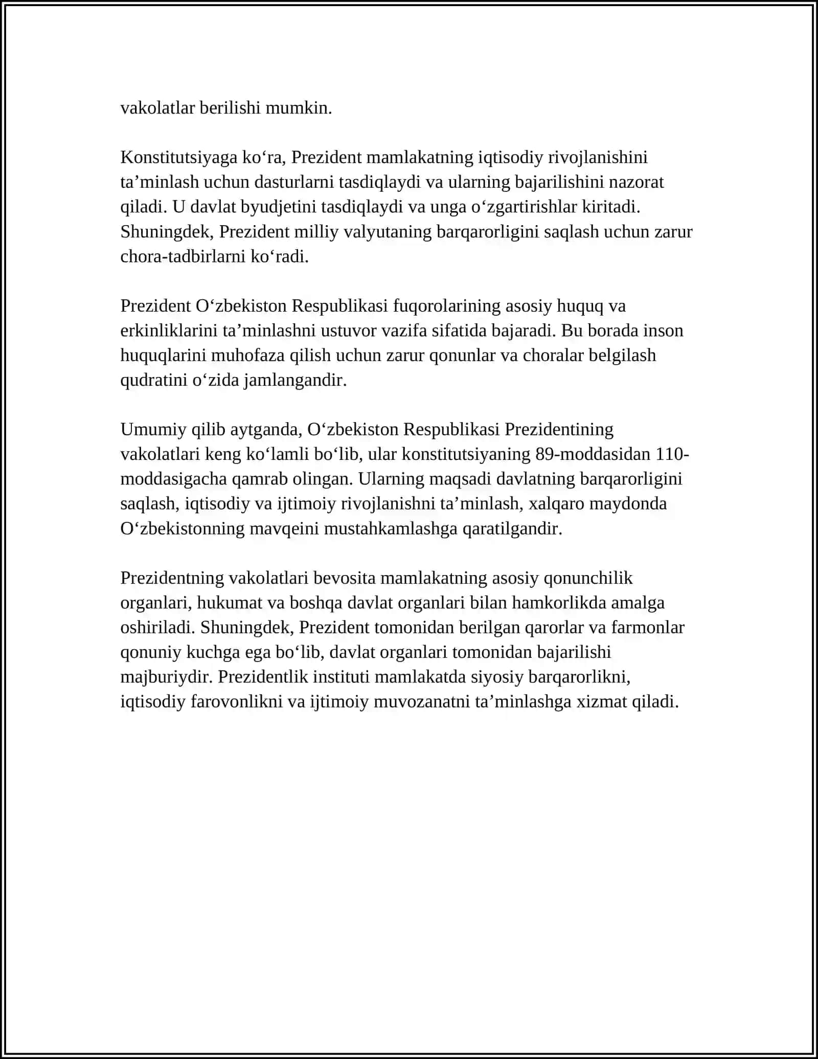 Oʻzbekiston Respublikasi Prezidentining vakolatlari 4