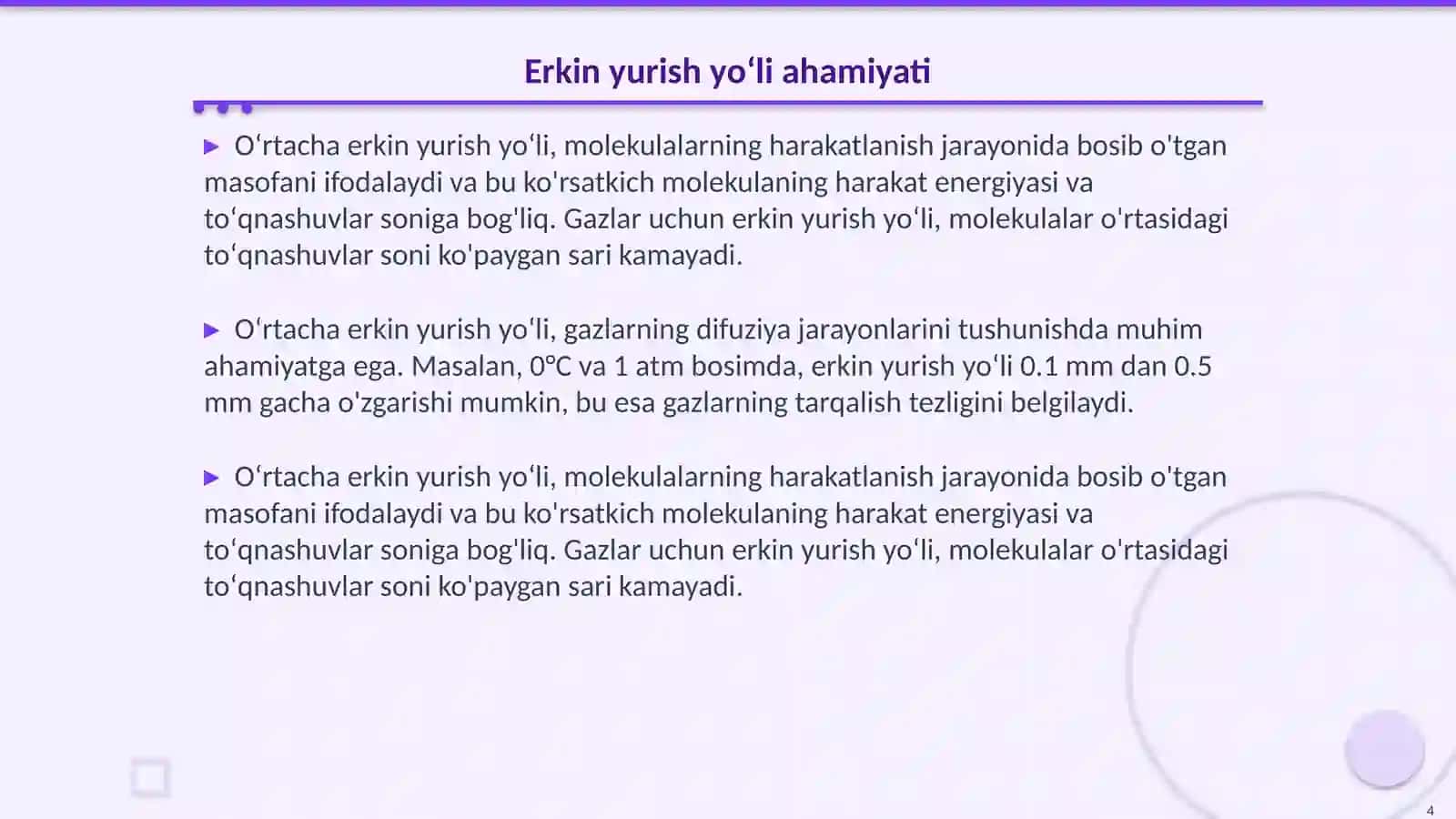 Molekulalarning oʻrtacha toʻqnashishlari soni va oʻrtacha erkin yurish yoʻli 4