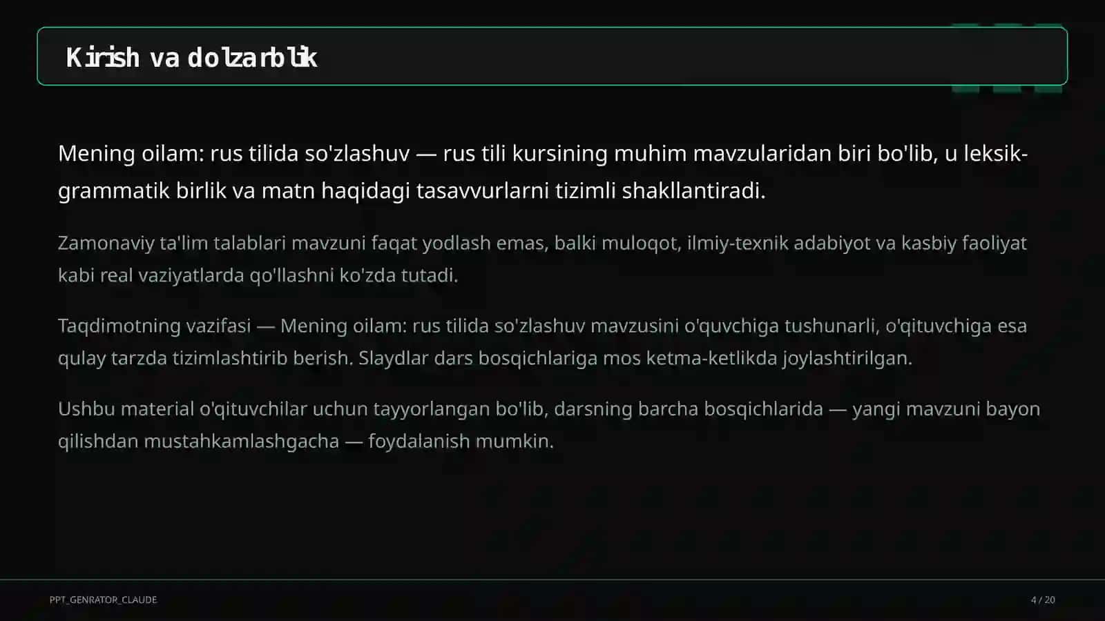 Mening oilam: rus tilida so'zlashuv (3-sinf) 4