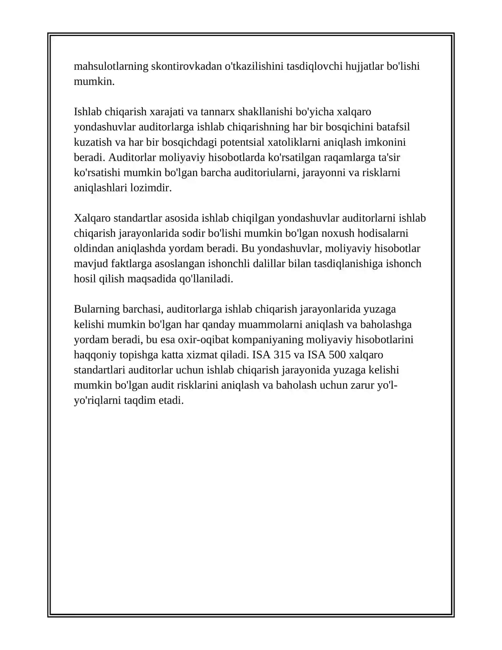 ISHLAB CHIQARISH JARAYONI AUDITI: ISHLAB CHIQARISH XARAJATLARI VA TANNARX SHAKLLANISHI USTIDAN XALQARO YONDASHUVLAR (ISA 315 VA ISA 500 ASOSIDA) 4