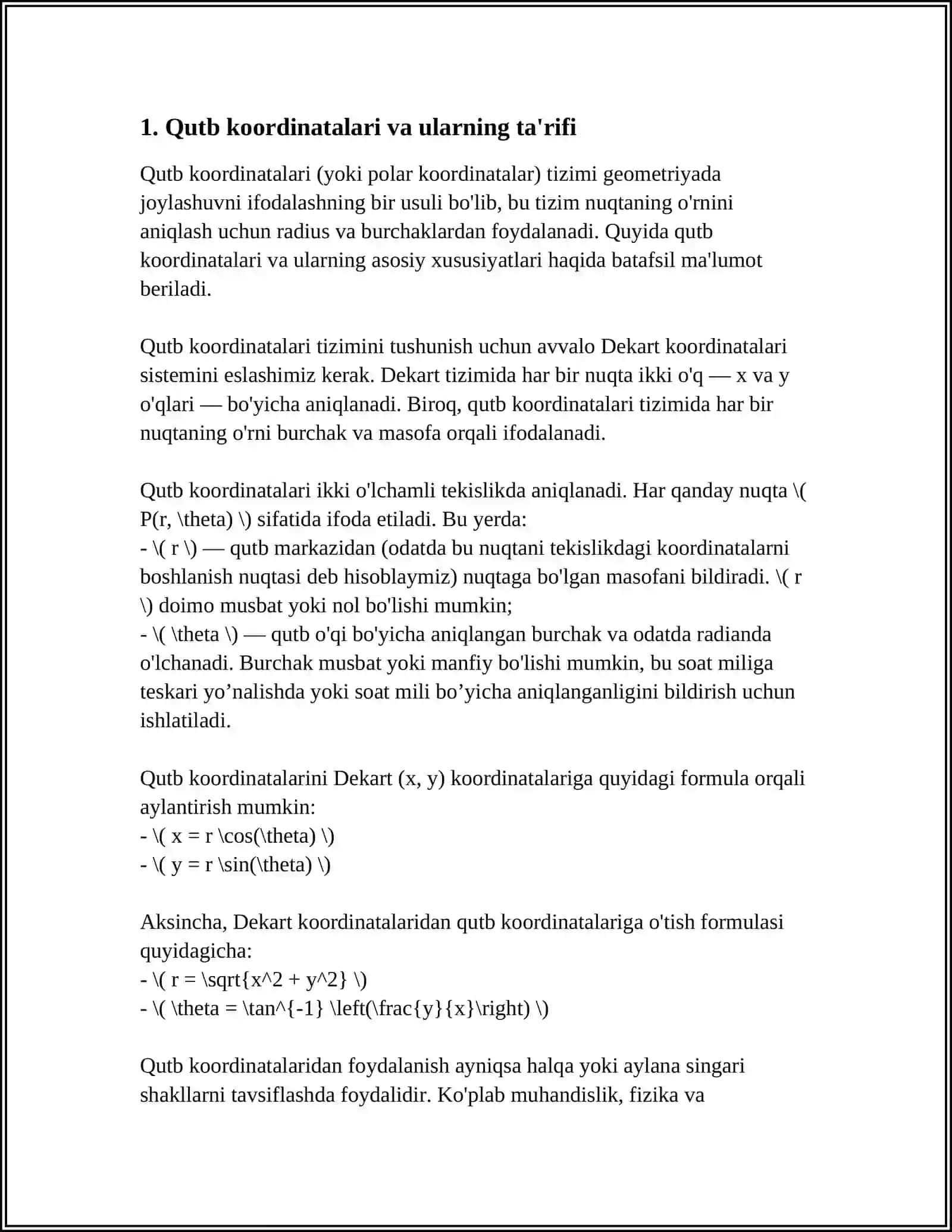 IKKINCHI TARTIBLI EGRI CHIZIQNING QUTB KOORDINATALARDAGI TENGLAMALARI VA UNDAN DIKKART KOORDINATASIGA ÒTISH 4