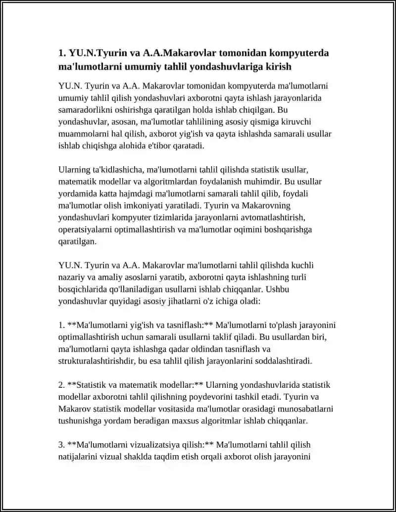 YU.N.TYURIN VA A.A.MAKAROVLAR tomonidan KOMPYUTERDA MA'LUMOTLARNI TAHLIL ETISH BO'YICHA ILGARI SURILGAN YONDASHUVLARNI KONSPEKTLASHTIRISH 4