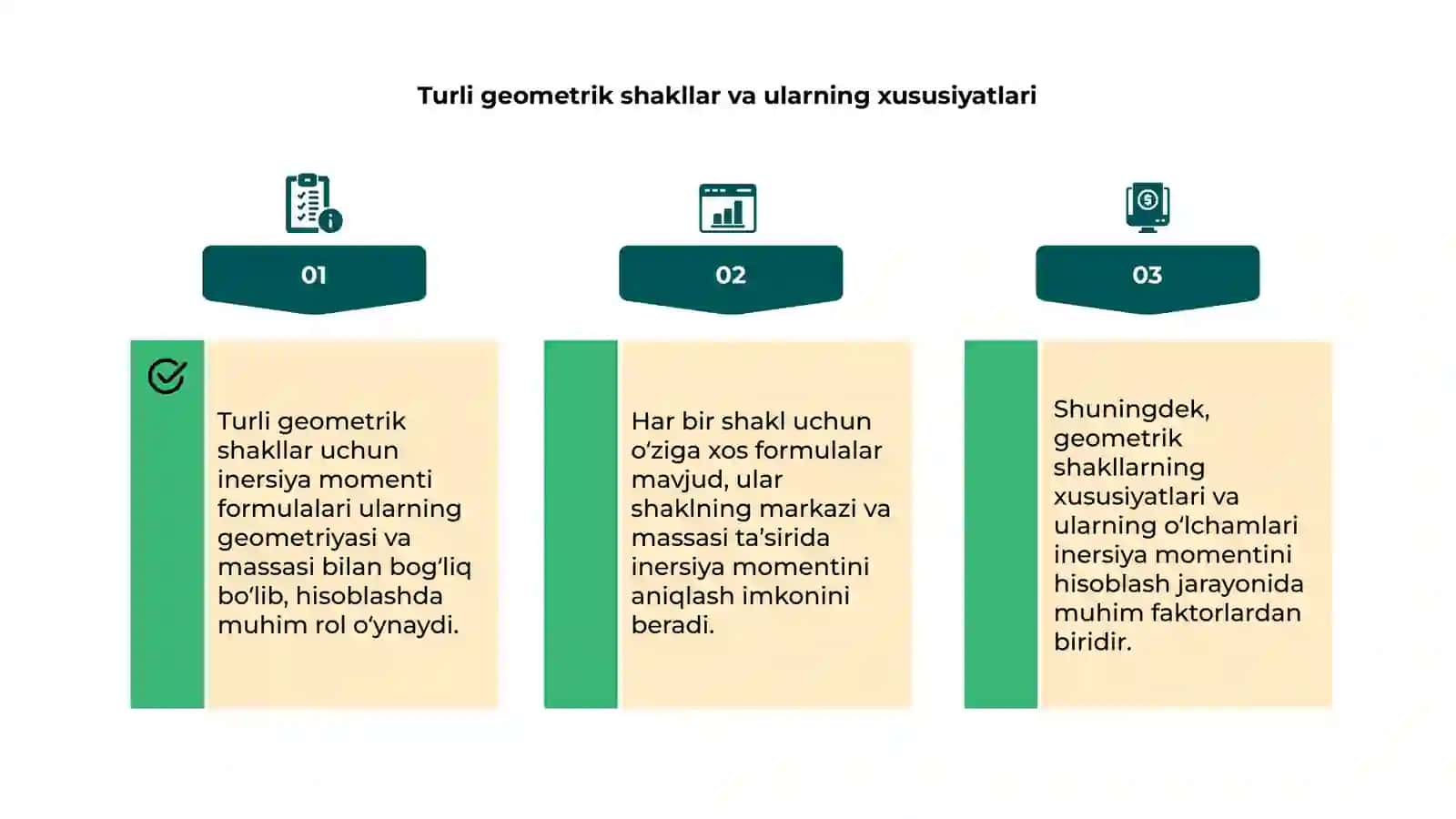 Turli geometrik shaklga ega bo‘lgan jismlarning inersiya momentini hisoblash formulasini keltirib chiqarish 4