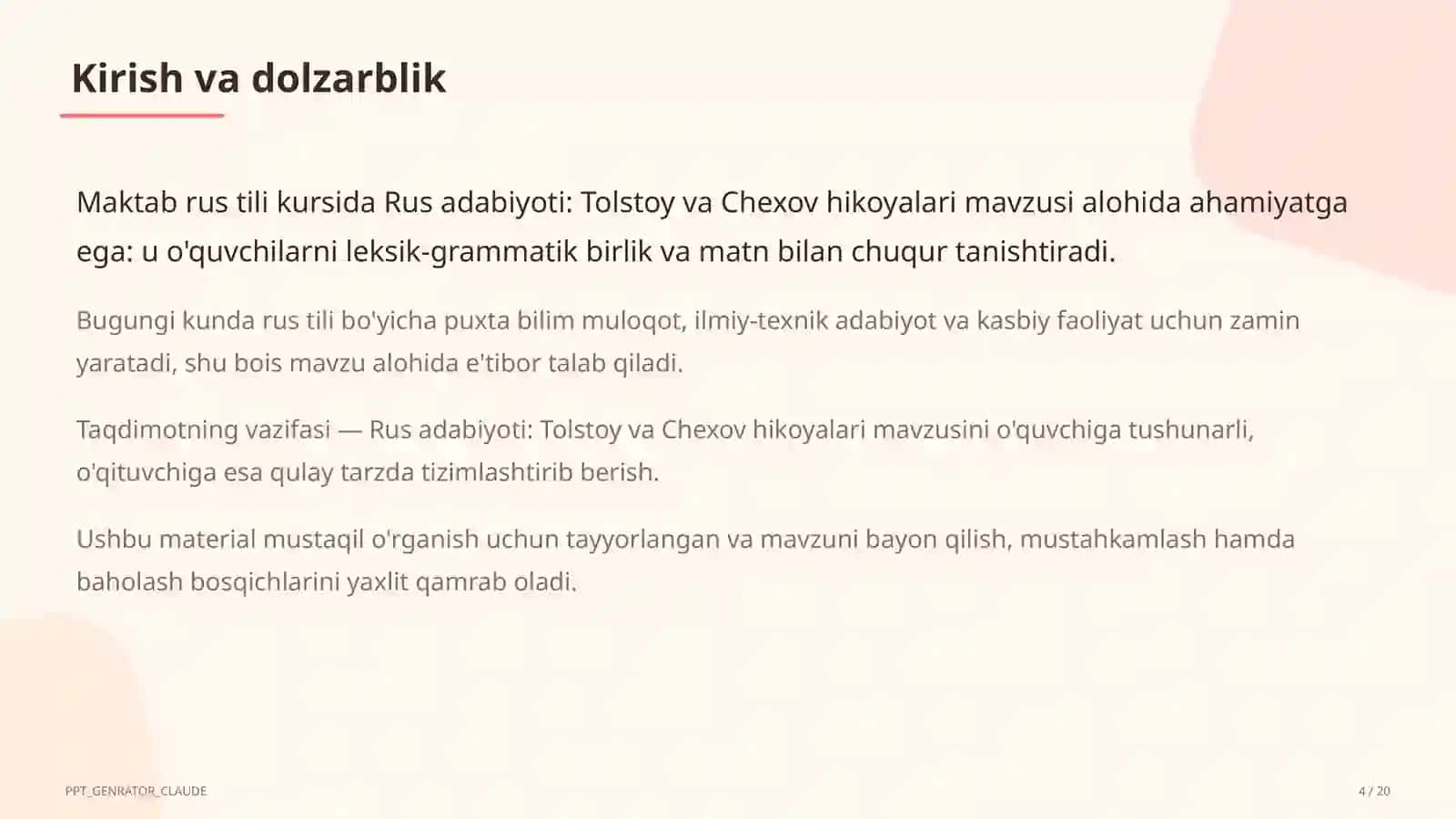 Rus adabiyoti: Tolstoy va Chexov hikoyalari (10-sinf) 4