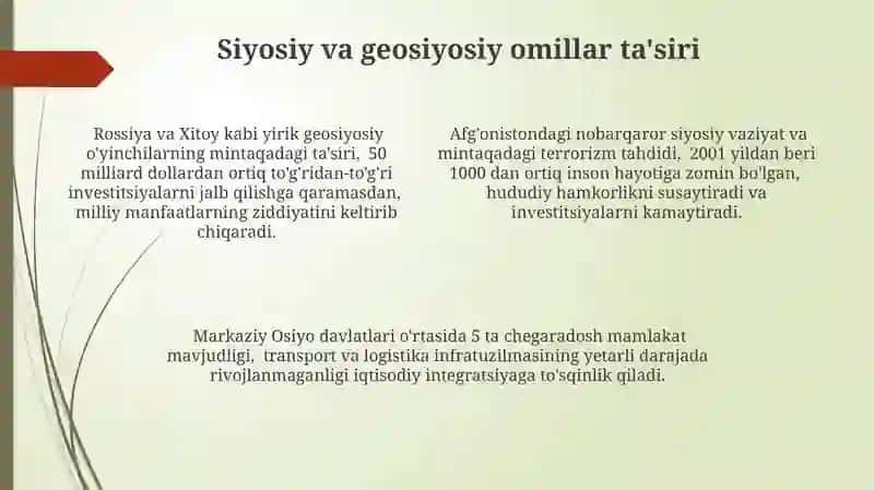 Markaziy Osiyo mintaqasi yagona iqtisodiy makonni tashkil etish muammosi 4