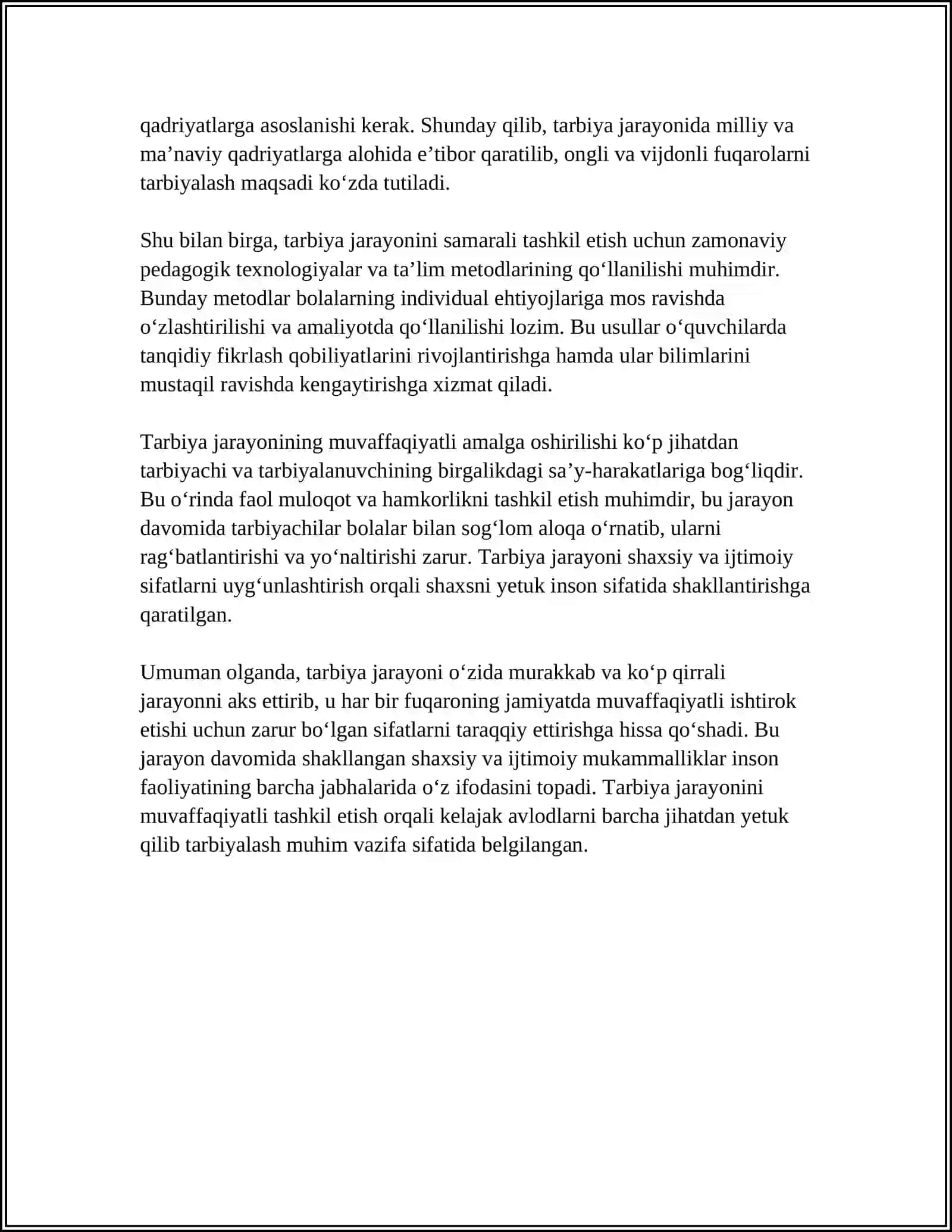 TARBIYA JARAYONINING MOHIYATI,MAZMUNI,TARBIYA TAMOYILLARI VA METODLARI 4