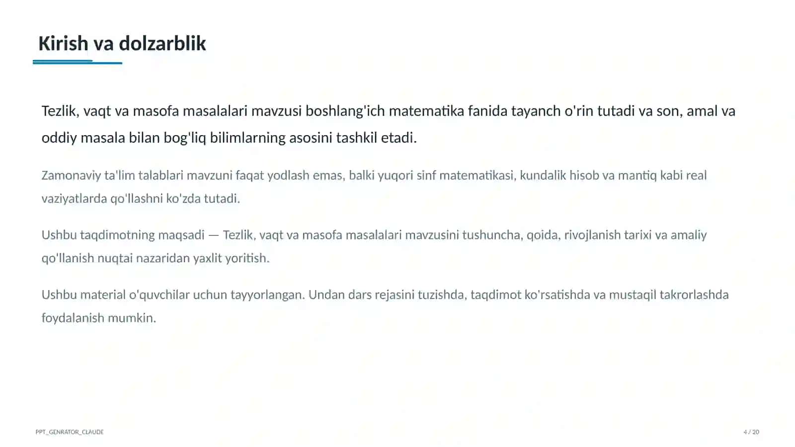 Tezlik, vaqt va masofa masalalari (4-sinf) 4