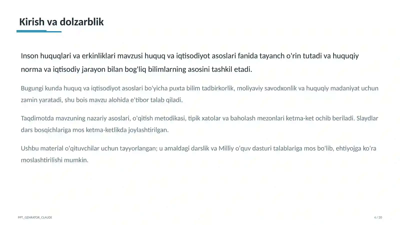 Huquq va iqtisodiyot asoslari (9–11) — o'qituvchilar uchun 4