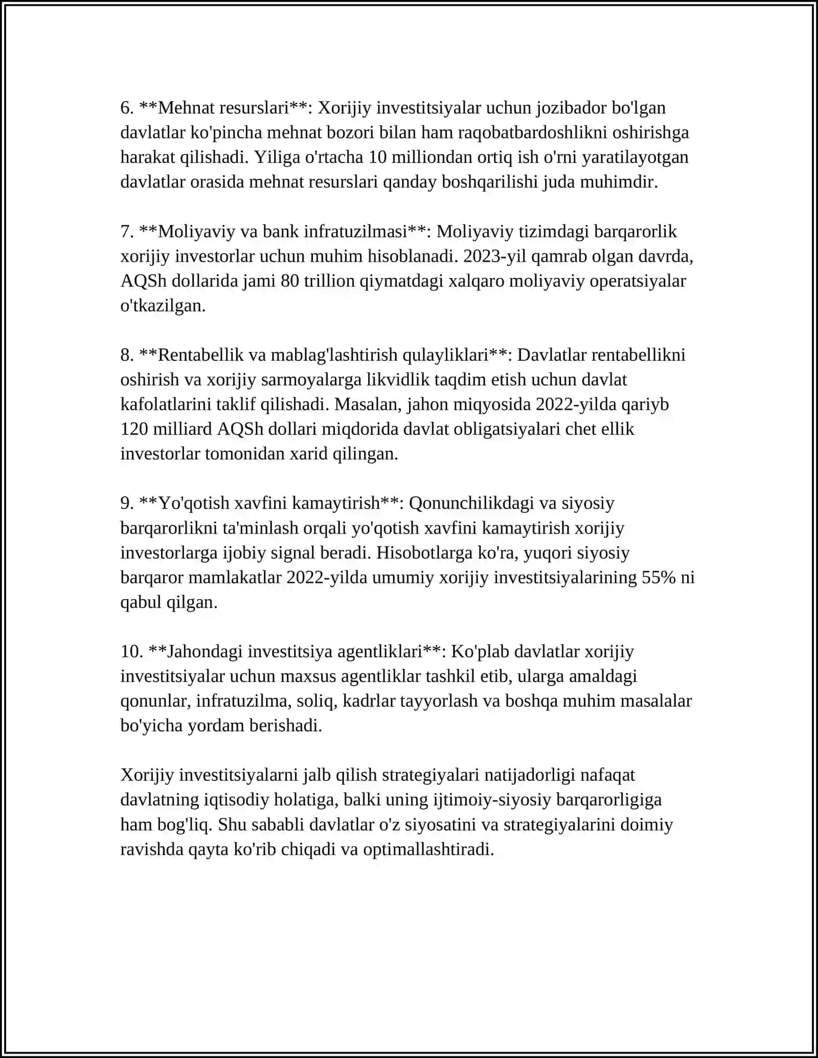 XORIJIY INVESTITSIYA FAOLIYATI VA INFRATUZILMA 4