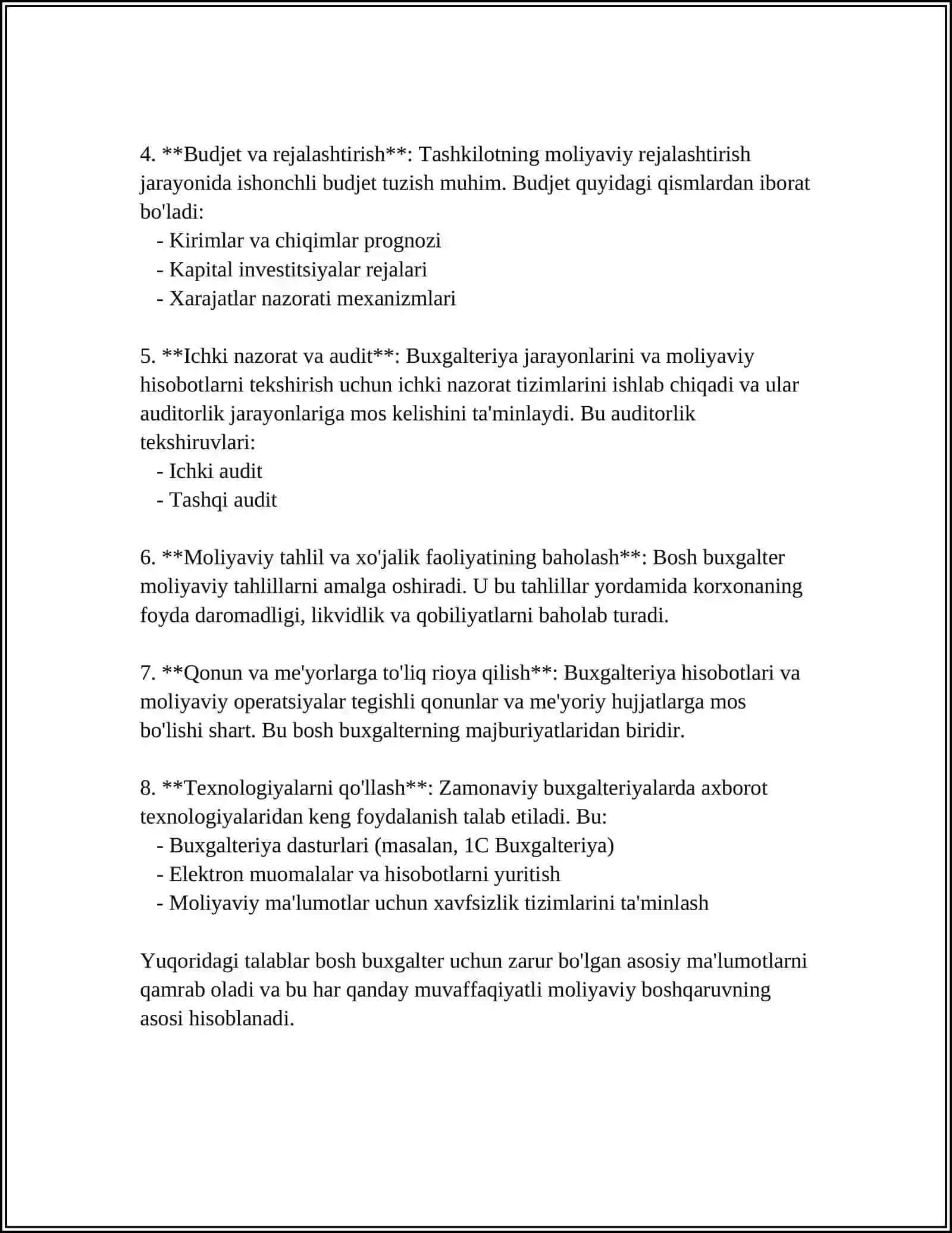 BYUDJET TASHKILOTLARIDA BOSH BUXGALTERNING MA'LUMOTLARI, HUQUQLARI VA VAKOLATLARI 4
