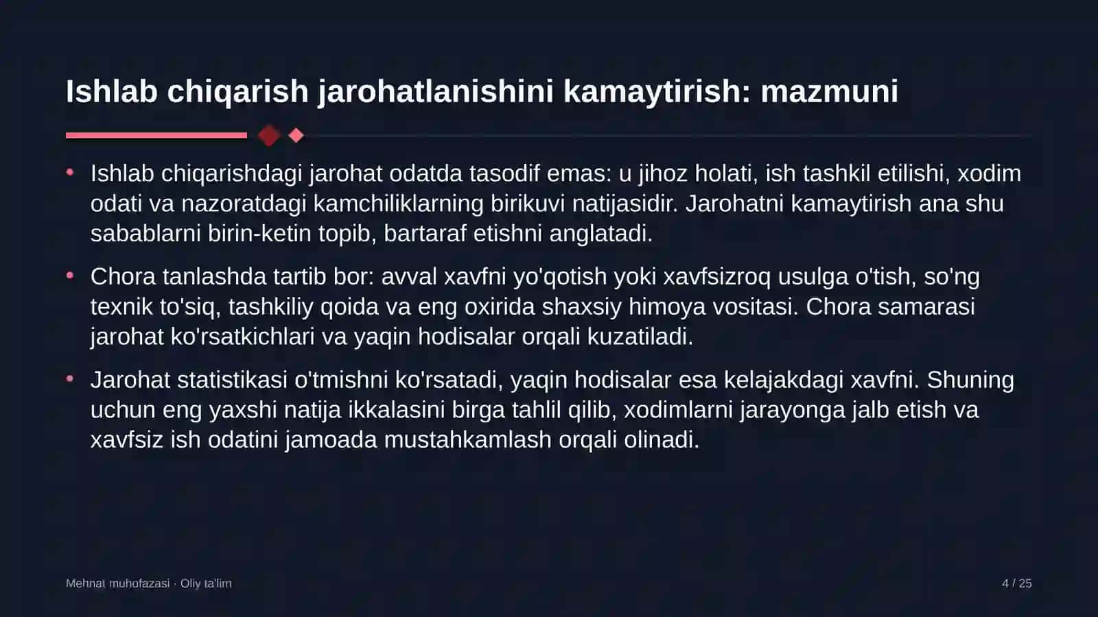 Farmatsevtika sanoatida ishlab chiqarish jarohatlanishini kamaytirish yo'llari 4