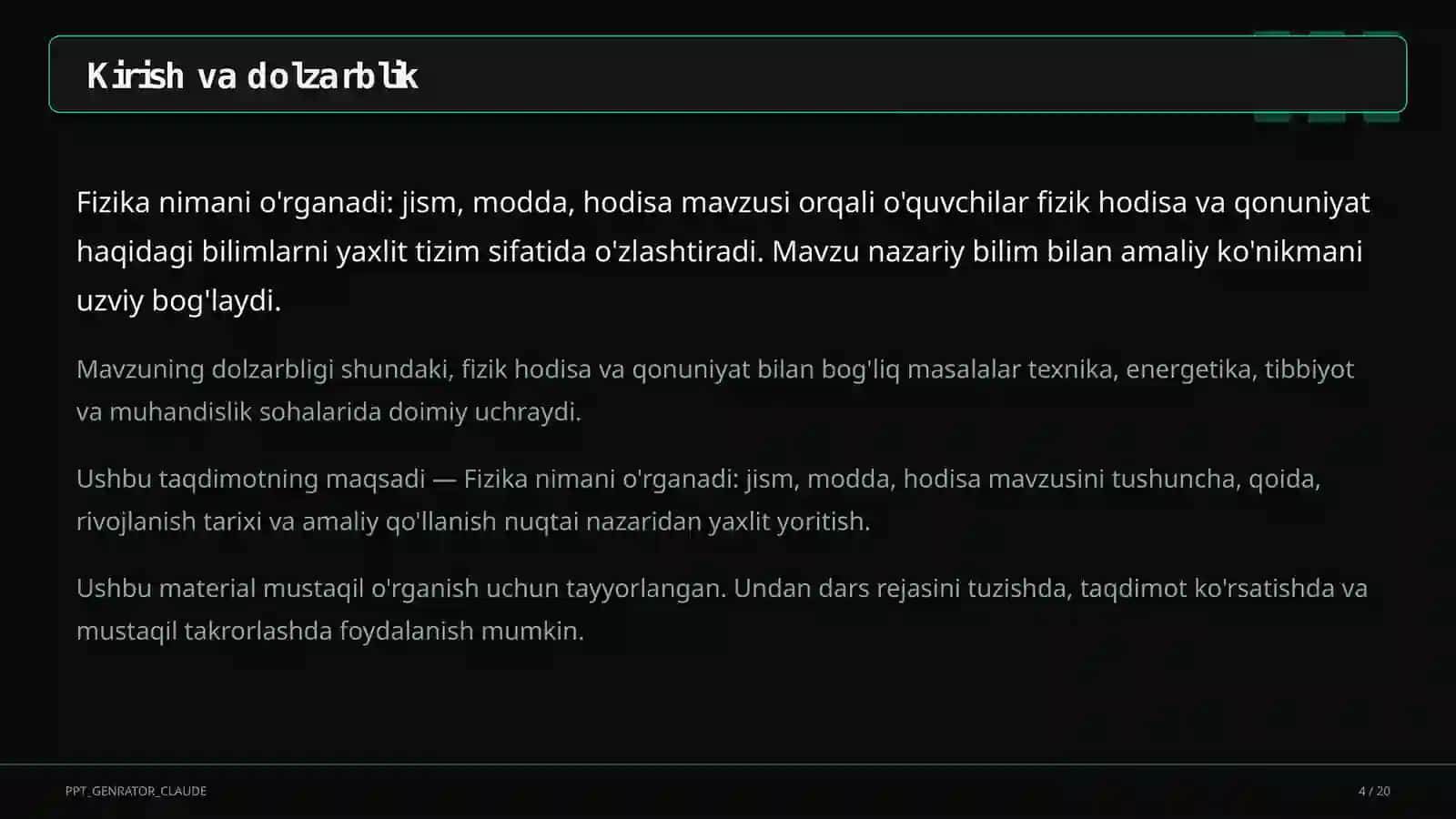 Fizika nimani o'rganadi: jism, modda, hodisa (6-sinf) 4