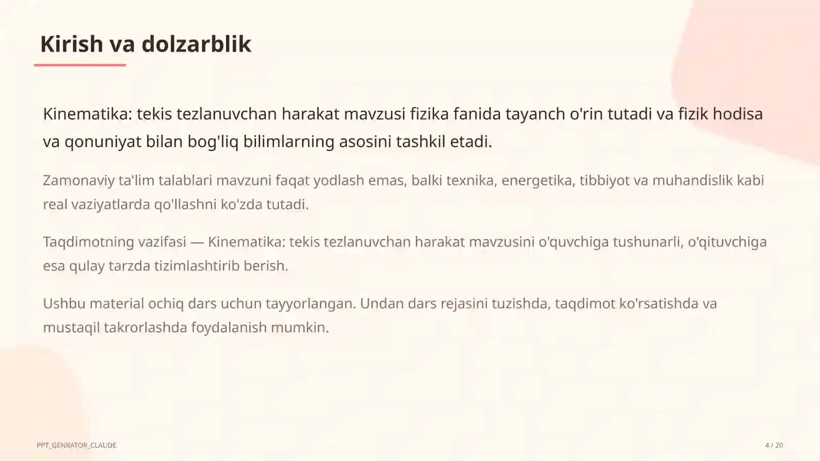 Kinematika: tekis tezlanuvchan harakat (9-sinf) 4