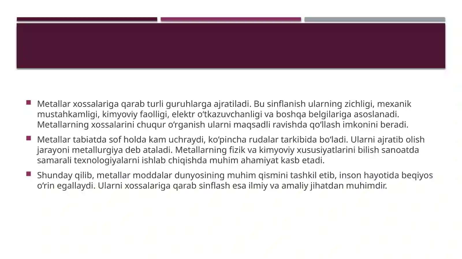 “Metallarning xossalariga qarab sinflanishi – Metallurgiya muhandisligiga kirish fanidan mustaqil ish (PPTX)” 4