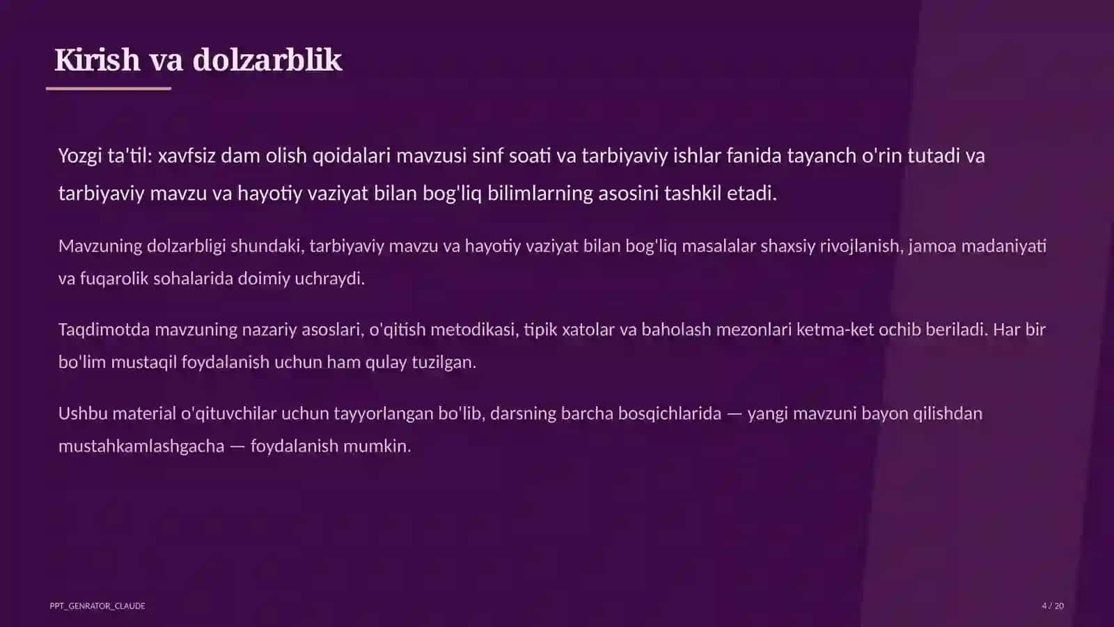 Sinf soati va tarbiyaviy tadbirlar (1–11) — o'qituvchilar uchun 4