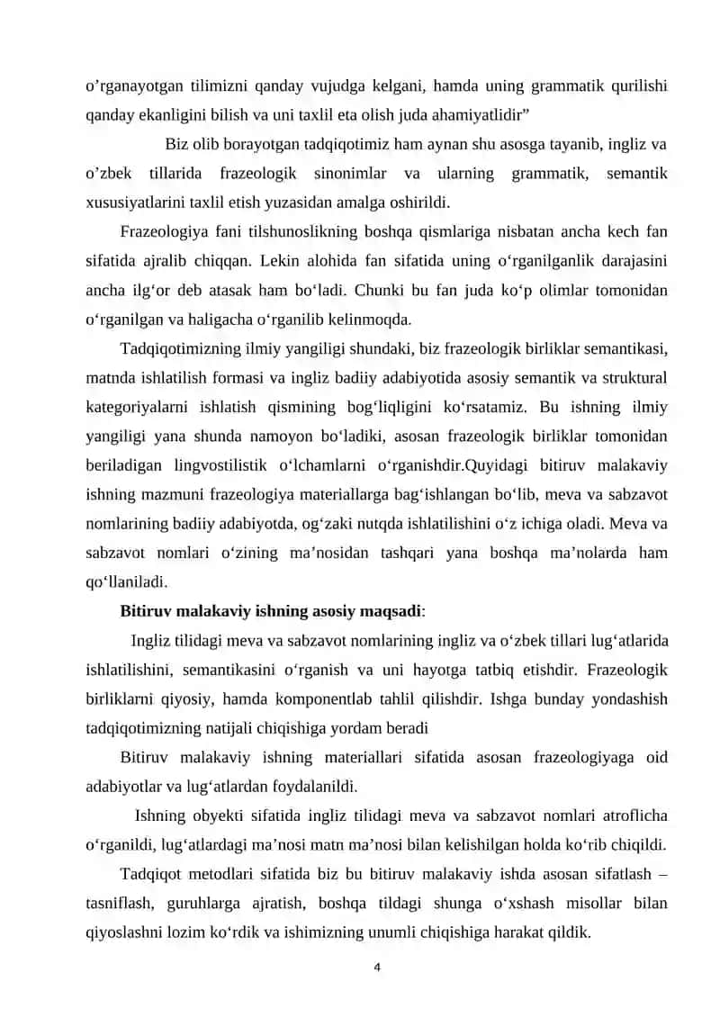 Meva va sabzavot nomlari bilan boshlanuvchi frazeologik iboralarning badiiy adabiyotda qo’llanilishi.  BITIRUV MALAKAVIY ISHI 4
