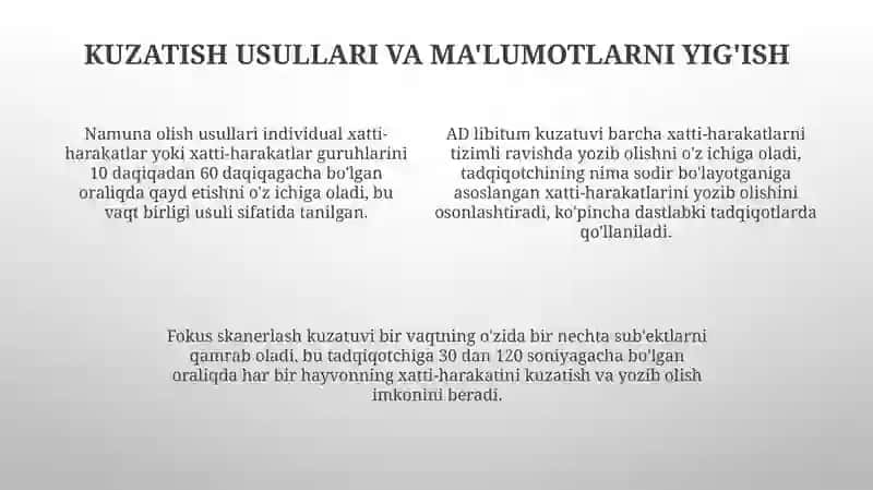 Hayvonlarning xatti harakatlarini órganish boshqichlarini òrganish 4