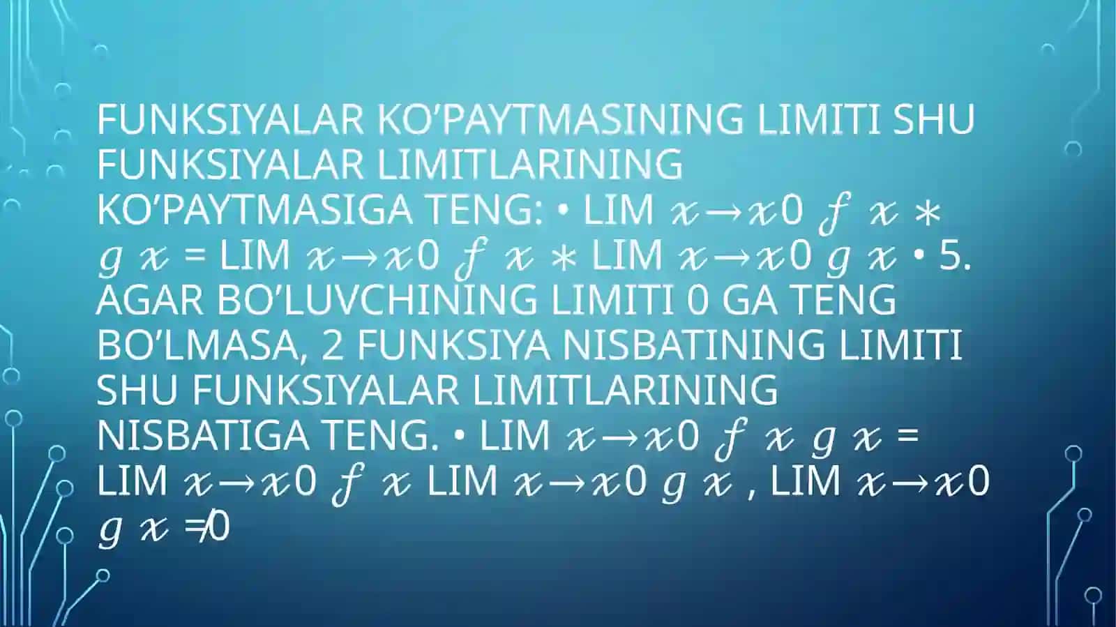 FUNKSIYA LIMITINING TA’RIFI. FUNKSIYA LIMITINING KETMA-KETLIKLAR VA TILIDAGI TA’RIFLARI VA ULARNINGEKVivalentligi.Birinchiajoyiblimitvauningisboti 4