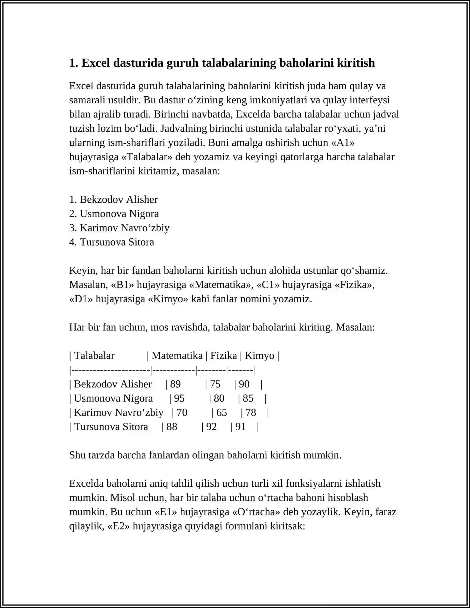 MUSTAQIL ISH Mavzu: EXCEL DASTURIDA GURUH TALABALARINING MODULLAR BOʻYICHA OʻZLASHTIRISH KOʻRSATKICHLARI,SIFAT KOʻRSATKICHLARINI HISOBLASH VA JADVAL TUZISH,NATIJALAR ASOSIDA DIAGRAMMA YARATISH 4