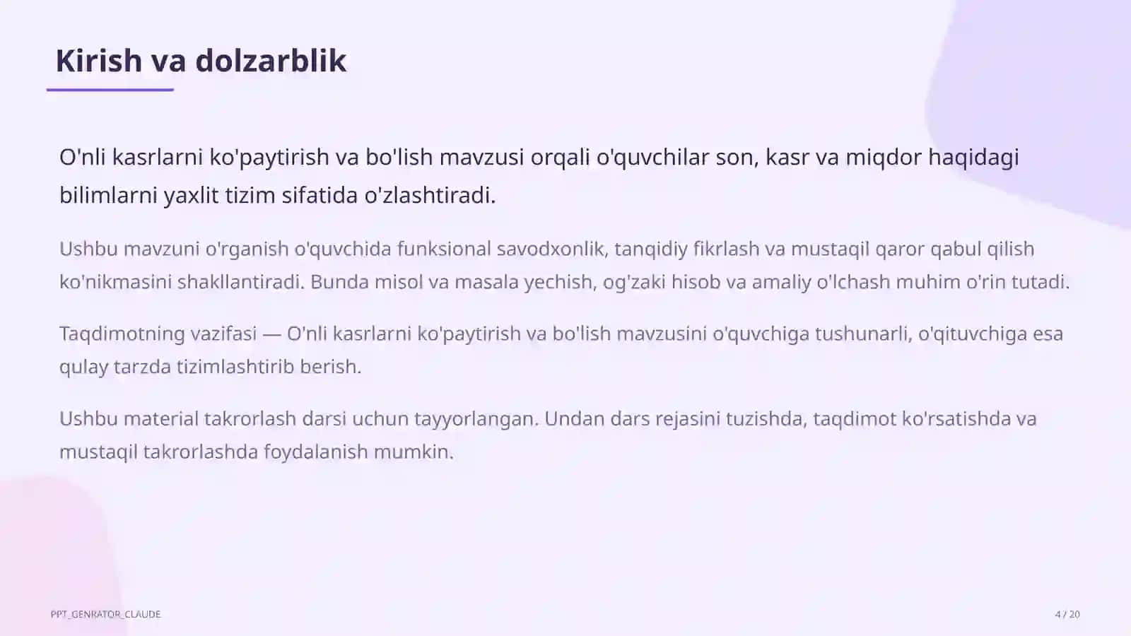 O'nli kasrlarni ko'paytirish va bo'lish (5-sinf) 4